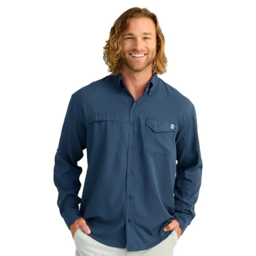 

Men's Tide Point Solid Long Sleeve Button Down Shirt for casual wear, cotton blend fabric, navy blue, wrinkle-resistant and bre