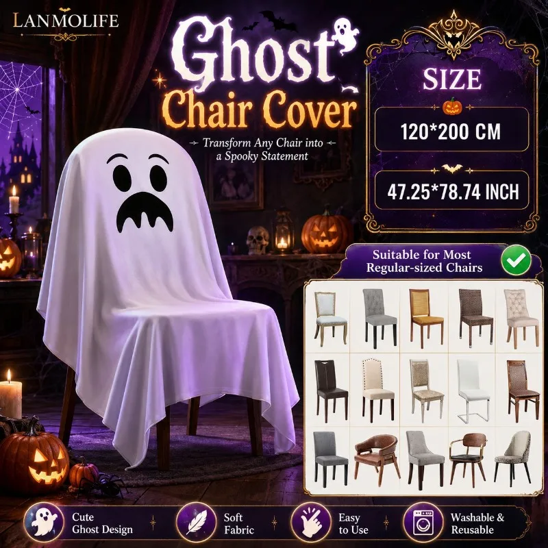 Halloween Ghost Chair Cover, White Ghost Face Dining Chair Slipcover, Holiday Backrest Cover for Party Restaurant Home Decor