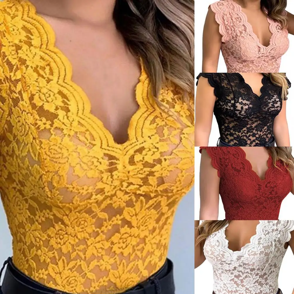 Sexy Deep V Neck Sleeveless Lace Blouse Shirts Summer Fashion Women Lace Patchwork Pullover Tops