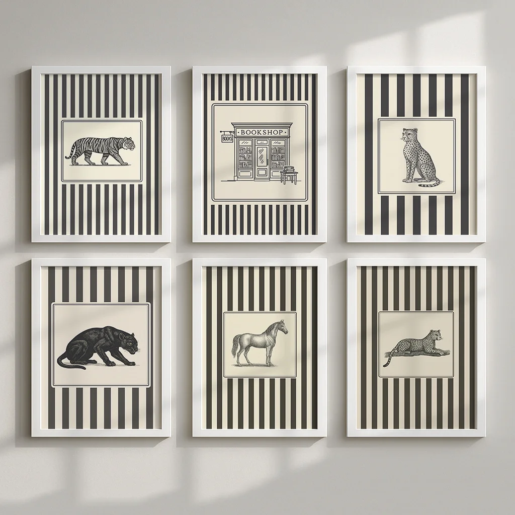 6pcs Vintage Animal Canvas Wall Art, Unframed Featuring Nordic Black and White Striped Posters for Living Room and Bedroom Decor