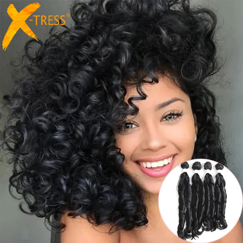 Ombre Black Brown Color Synthetic Hair Weave Bundles X-TRESS Funmi Curly Hair Weft Extensions 4 Bundles One Pack For One Head