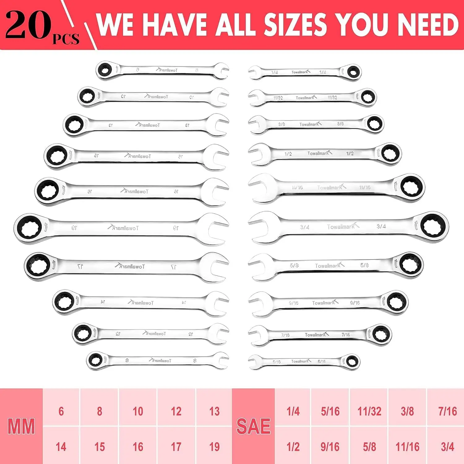 20-Piece Ratcheting Combination Wrench Set,Fixed Head&72 Teeth, SAE1/4-3/4