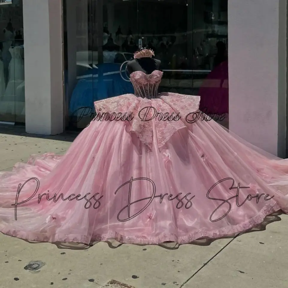 Glitter Pink Princess Sweet Mexico Ball Gown Quinceañera Dresses With Bow Beaded Crystals Appliques 16 Vestidos De 15 Anos