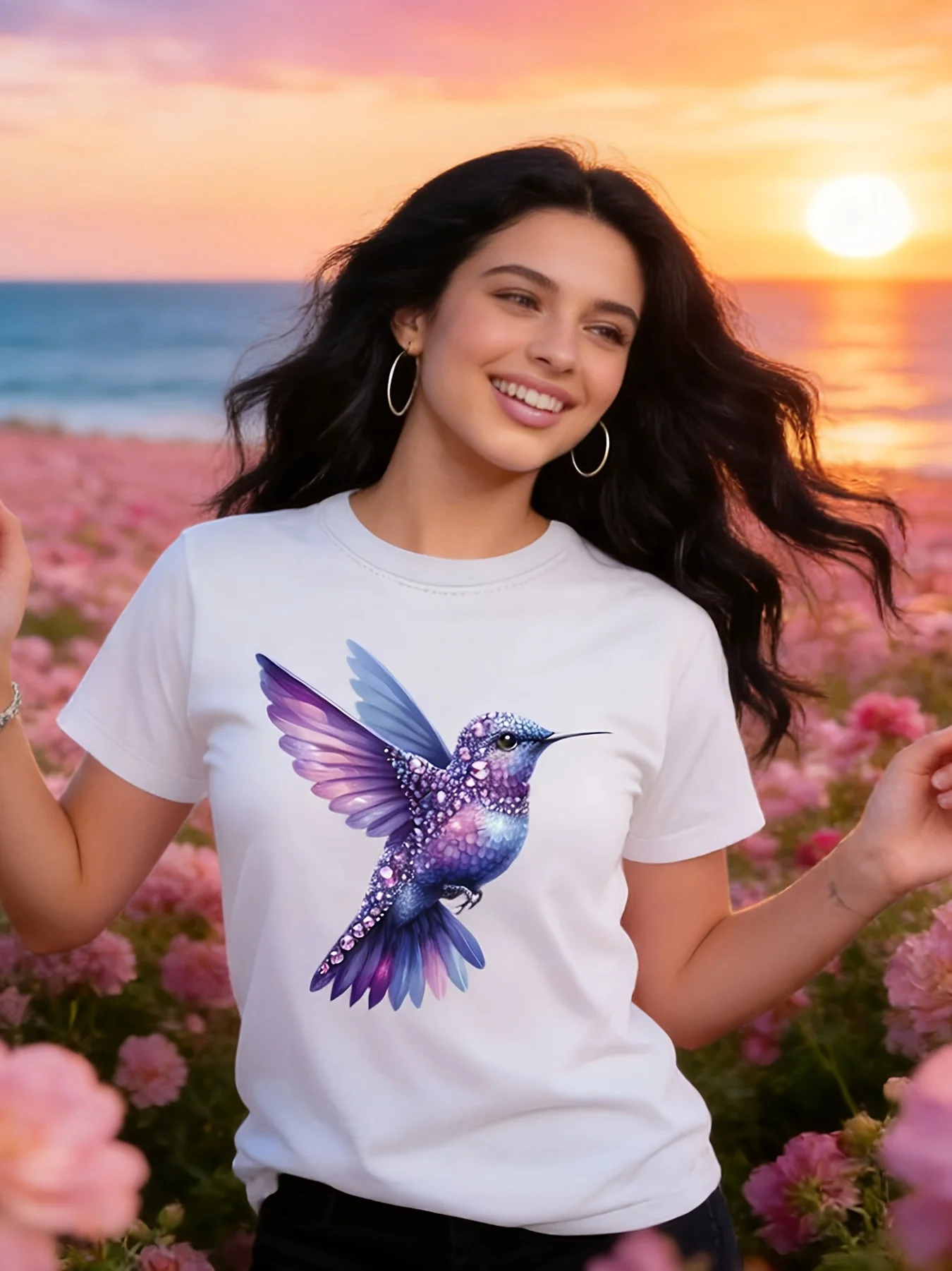 Unique and Chic Bird Patterned Round Neck Short Sleeved T-shirt for Women's Casual Fashion Top, Birthday Gift