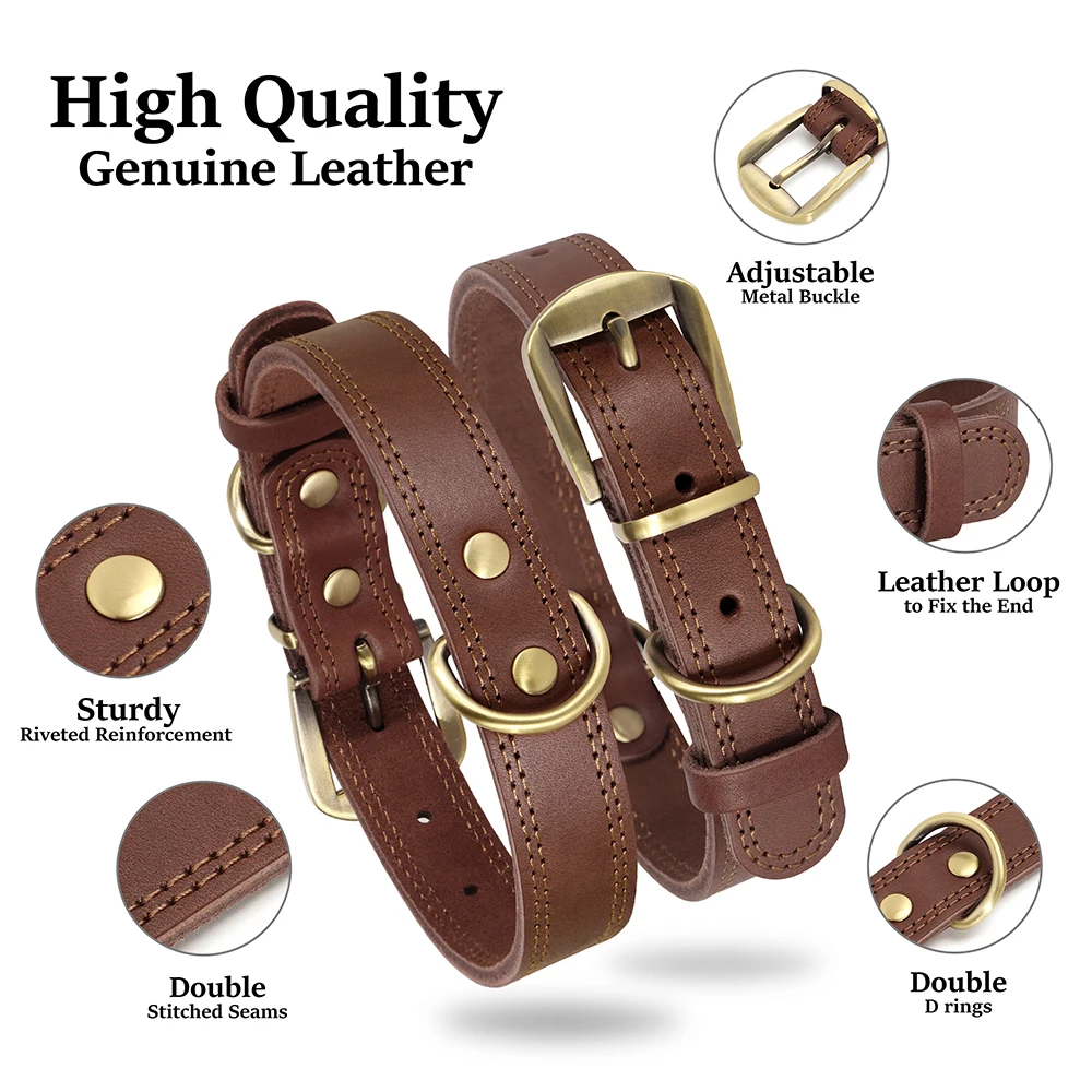 Genuine Leather Dog Collar Real Leather Pet Dogs Collars Necklace Durable  For Small Large Dogs German Shepherd French Bulldog