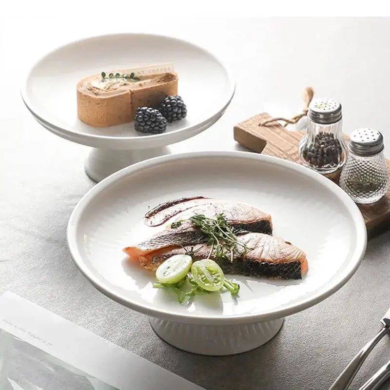 Round High Foot Fruit Tray Ceramic Snacks Dessert Plate Home Solid Color Tableware Bread Cake Display Plates Kitchen Accessories