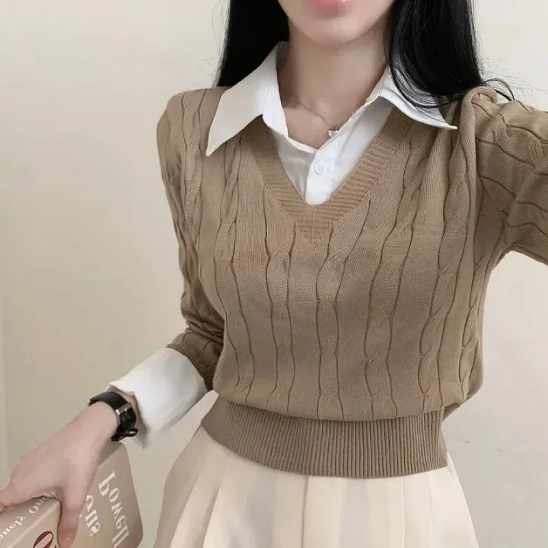 Korean Chic Spring and Autumn Age-Reducing Sweaters Retro Temperament Preppy Fake Two Pieces Shirts Twist Knit Women's Y2k Tops