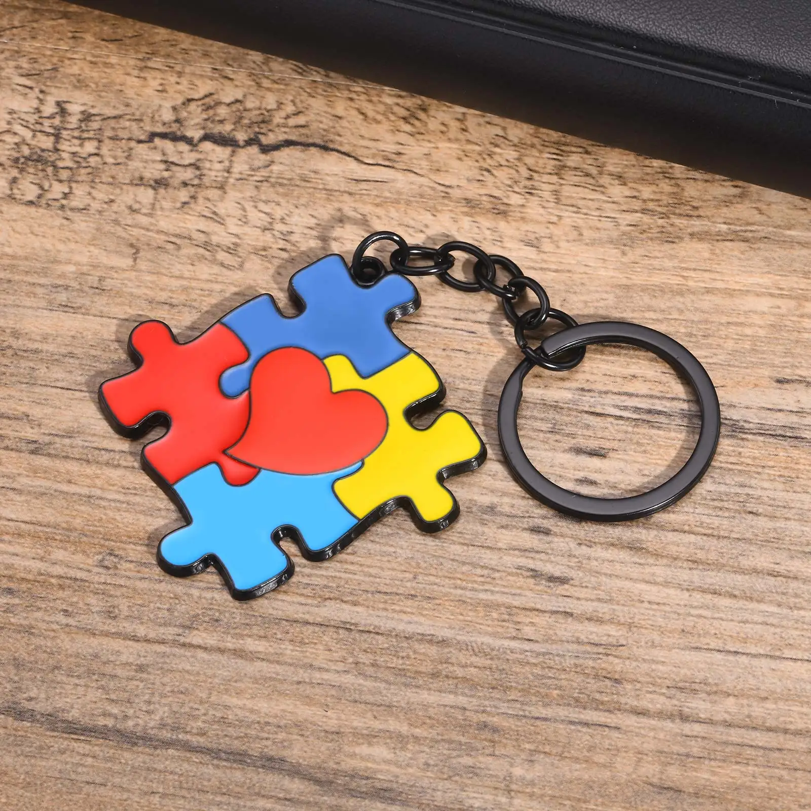 Vnox Free Personalized Back Autism ICE Info Key Chains, Colorful Puzzle Heart Pendant, Custom Autism Keychains