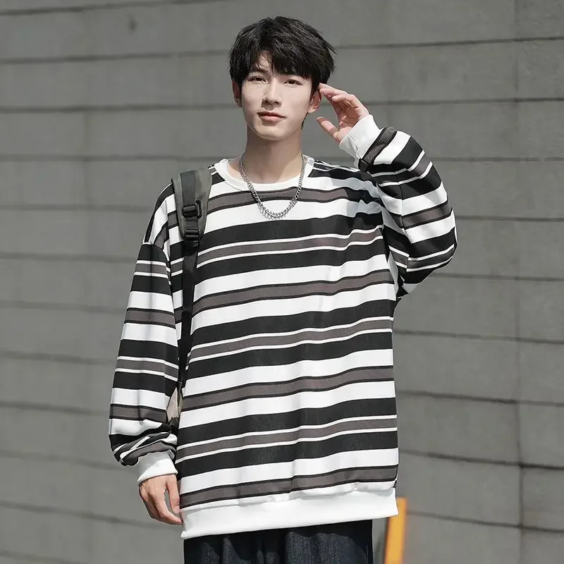 2023 Autumn New Stripe Sweatshirts for Men Loose Pullover Hooded Shirt Vintage Harajuku Long Sleeve  Breathable Men's Clothing