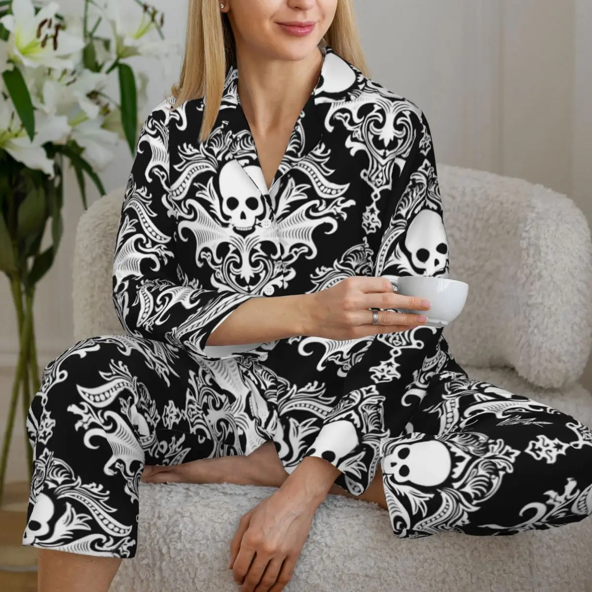 Gothic Skulls Print Pajama Sets Spring Retro Damask Kawaii Daily Sleepwear Female Two Piece Loose Oversized Printed Nightwear