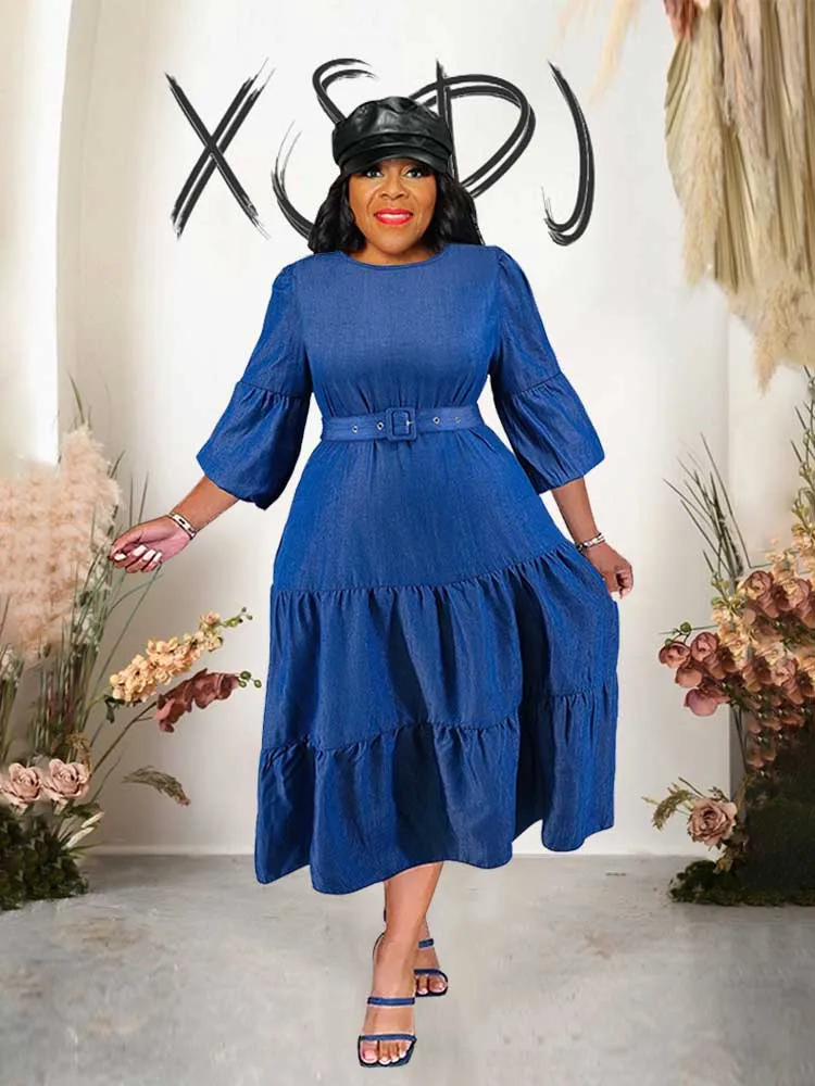 Denim Summer Dress with Waist Plus Size Women Clothing 3xl 4xl 5xl Ladies A Line Long Dress with Pleats Light Blue Dress Elegant