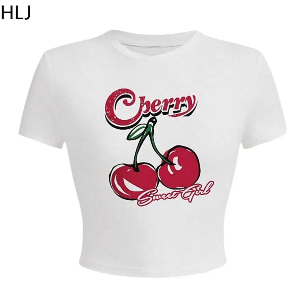 HLJ Sweet Cherry Printing Y2K 3 Piece Sets Women O Neck Short Sleeve Crop Top And Lace Ruched Shorts Outfits Fashion Streetwear