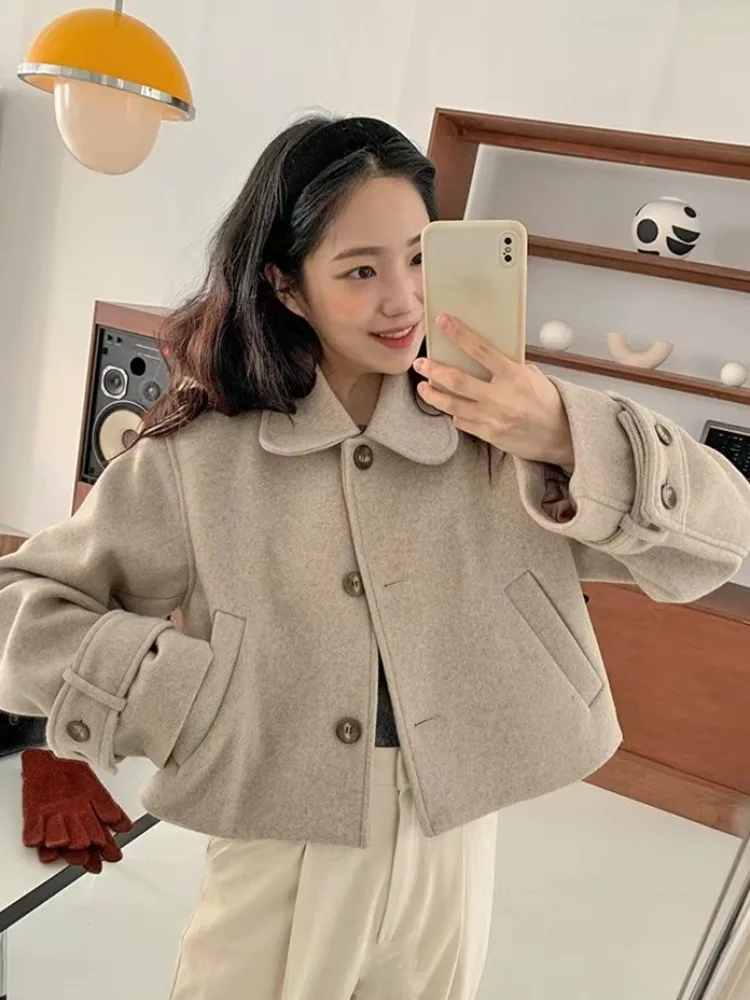 Abrigo elegante de terciopelo de seda con botones y cuello de muñeca para mujer, ropa de abrigo versátil de aspecto juvenil de talla pequeña, otoño e invierno