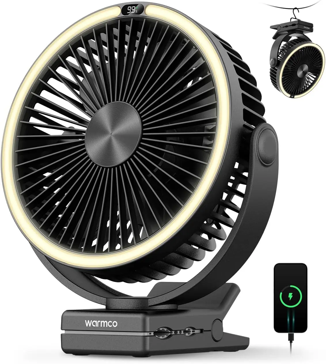 

Портативный вентилятор с клипсой и LED-подсветкой, 15000 мАч, 360° ° Поворотный механизм и 4 скорости для кемпинга, офиса, активного отдыха на природе