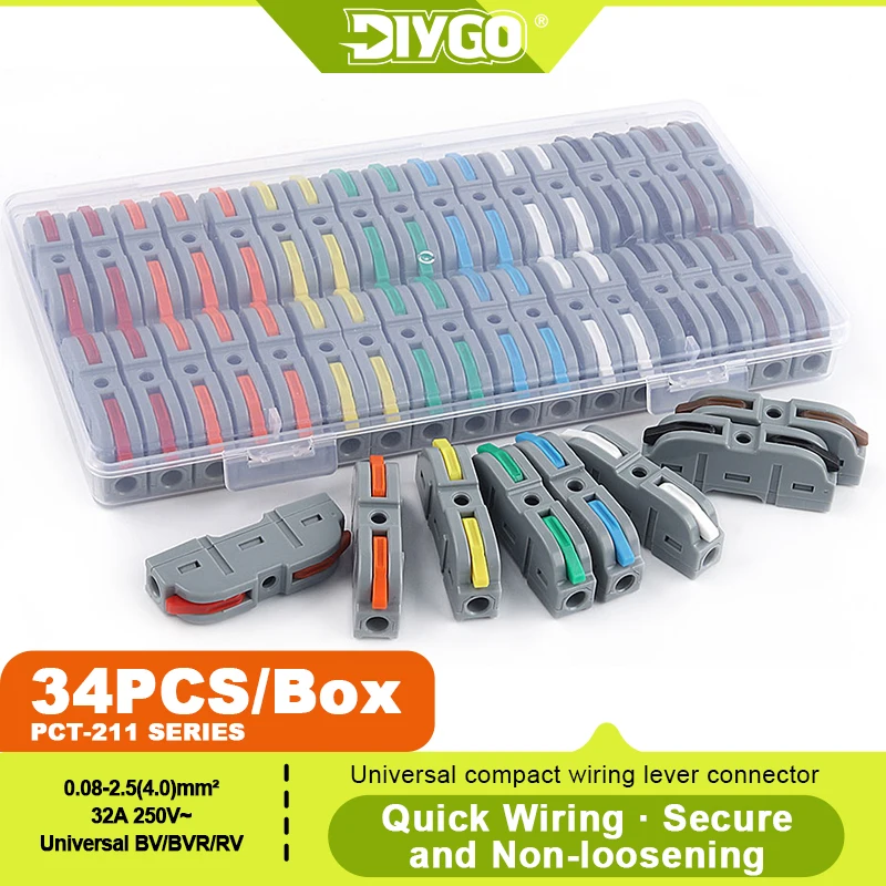 DIY GO 34Pcs 1 To 1 Conductor Compact Lever Connectors Nuts, Electrical Wire Terminals for Any Circuit Inline Splices 28-12 AWG
