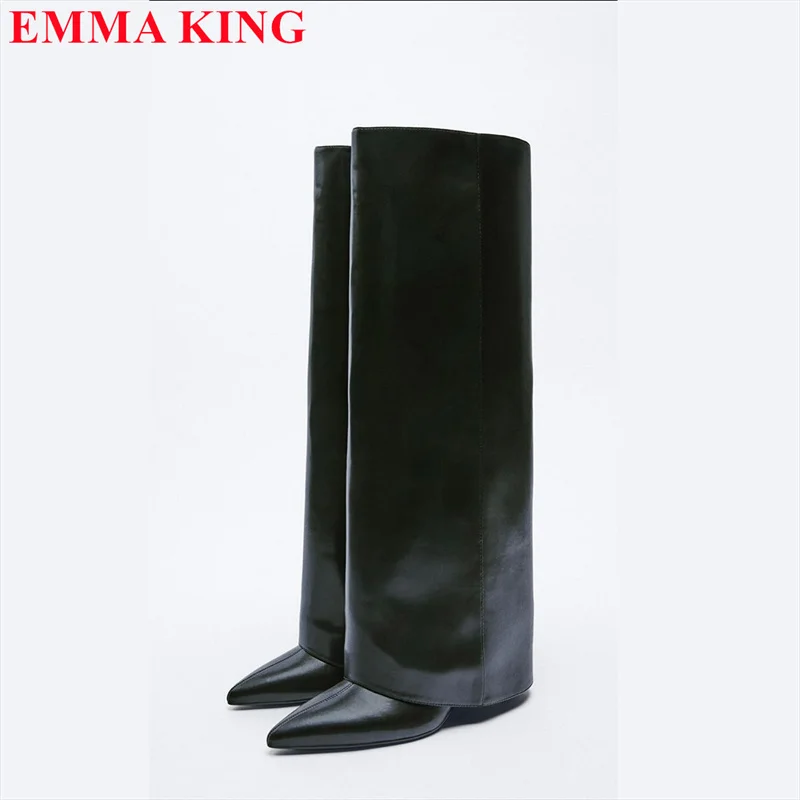 

2024 New Women Pointed Toe High Heels Knee High Boots Sexy Ladies Black Pants Boots Runway Slip On Long Boots Woman Large Size