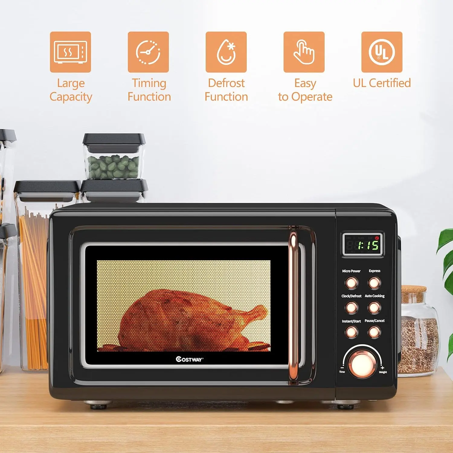 Vintage 0.7 Cu Ft Countertop Microwave, 700W, 5 Power Levels, Energy Efficient, Delay Start, Includes Glass Turntable & Viewing