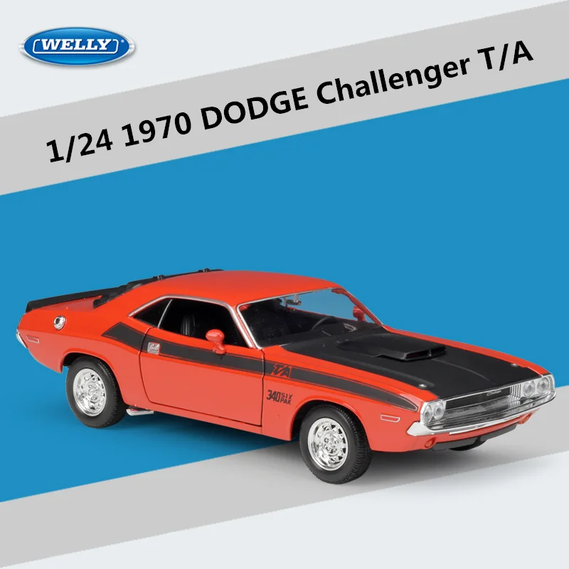 WELLY 1:24 1970 DODGE Challenger T/A modelo de coche deportivo de aleación Diecasts pista de Metal vehículos de carreras modelo simulación regalos para niños