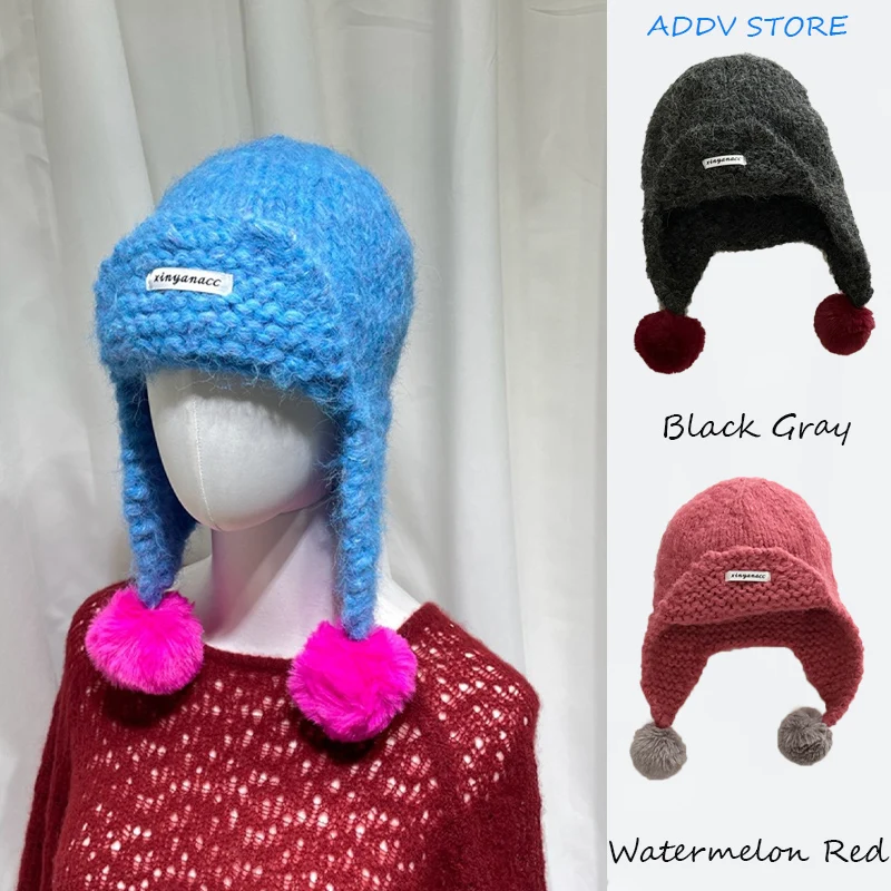 

Y2K Mohair Knitted Ear Protection Fluffy Pilot Hats for Men Women Travel Warm Versatile Contrasting Color Pom-pom Ski Mask Gorro