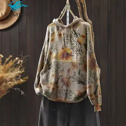 Retro Printing Cotton Yarn Drawstring Hoodie Sweater for Women Winter Fall Fashion Long Sleeve Loose Casual Female Pullover Tops