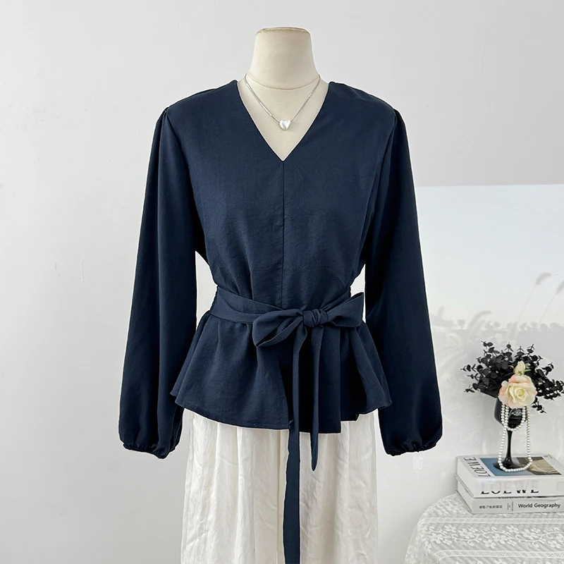 Повседневные топы в корейском стиле в стиле ретро, модная рубашка с v-образным вырезом и пышными рукавами для женщин, осень 2022, топ с завязками на талии и поясом