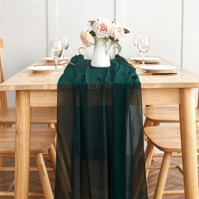 Toalha de mesa de gaze 30x300cm, decoração de mesa para festas românticas, toalha de mesa de chiffon verde escuro