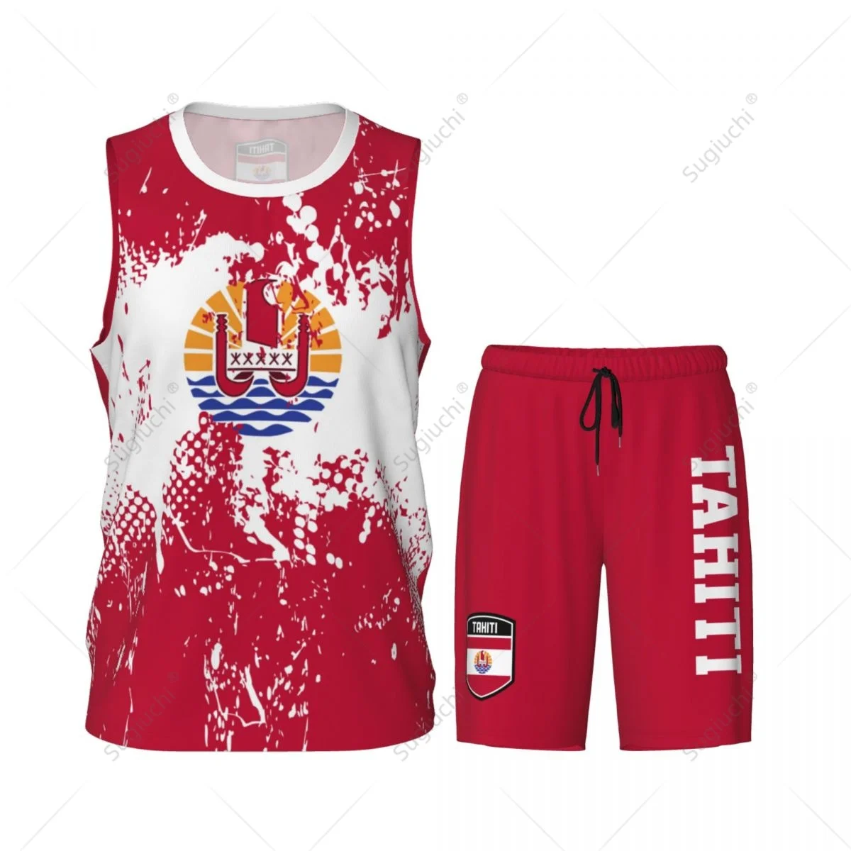 Tahiti Flag Grain Men Basketball Set Shirt & Pants Sleeveless