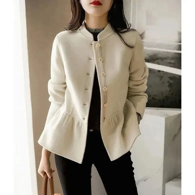 

2024 New Spring Autumn Women Woolen Jacket Single-breasted Slim Stand-up Collar Long Sleeve Short Woolen Coat Outerwear Lady CLI