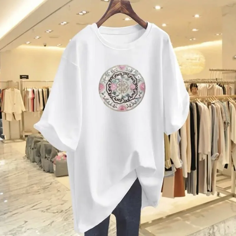 Women Clothing Pure Cotton O-neck Short Sleeve Basic T-shirt Summer Fashion Casual Paisley Printing Top Tees Y2k Loose Pullovers