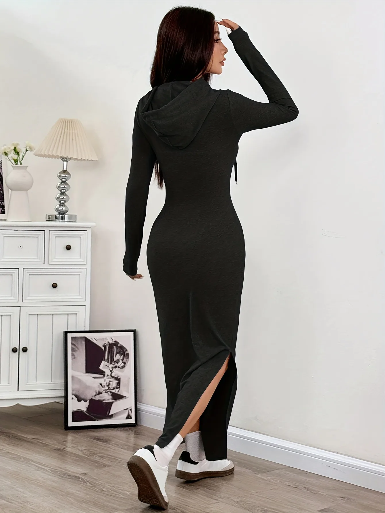 Women's Clothing 2026 Autumn New Item Solid Color Side Slit Hooded Bag Hip Long Sleeved Jumpsuit Long Skirt