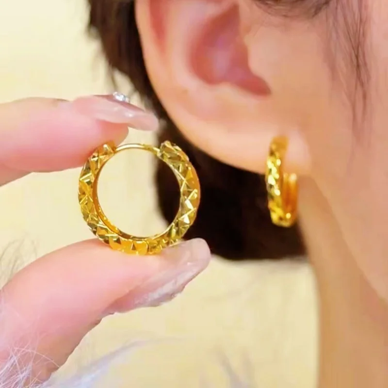 

AU999 24K Solid Gold Women's Sparkling Starry Huggie Earrings, Simple Plain Hoop Design, Premium Jewelry Gift