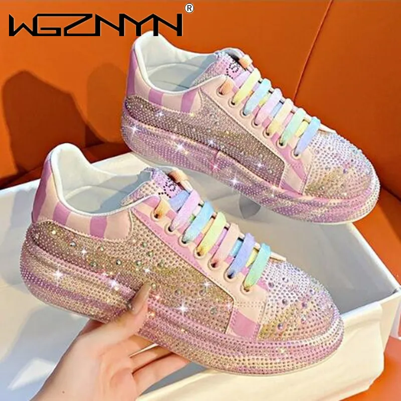 New 2023 Autumn Women Street Style Platform Shoes Rhinestones Thick-soled Shoes Shining Crystal Sneakers Trend Casual Sneakers