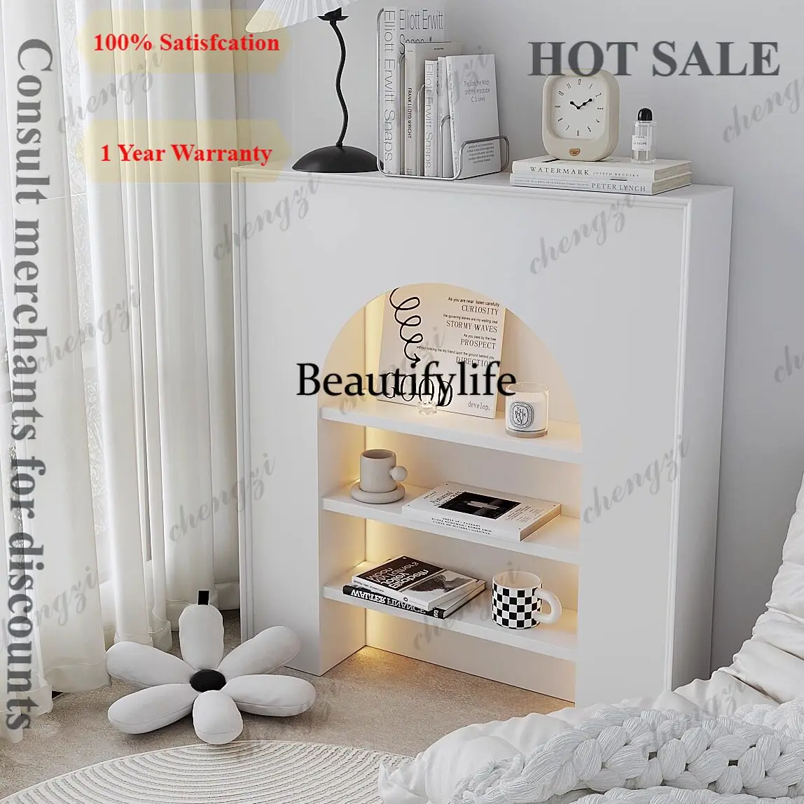 B567  French Fireplace Decorative Cabinet White Shelf with Light Arch, Scene, Living Room Display Narrow Cabinet
