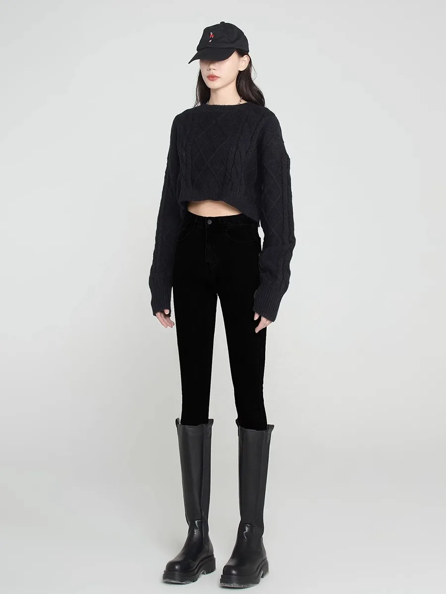 하이웨이스트 슬림핏 블랙 데님 청바지 여성용 가을 겨울 아우터웨어 신상 2024 펜슬 팬츠 트렌디 코튼 스트레치 원단