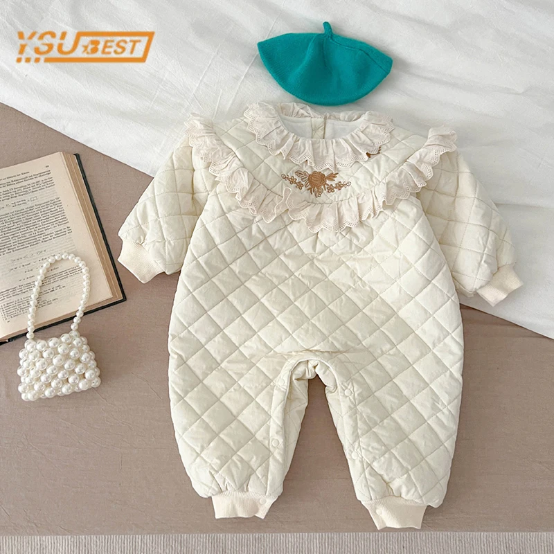 

Winter Infant Baby Girls Long Sleeve Sweet Embroidery Thicken Cotton Jumpsuit Newborn Kids Baby Girls Lace Clothes Rompers