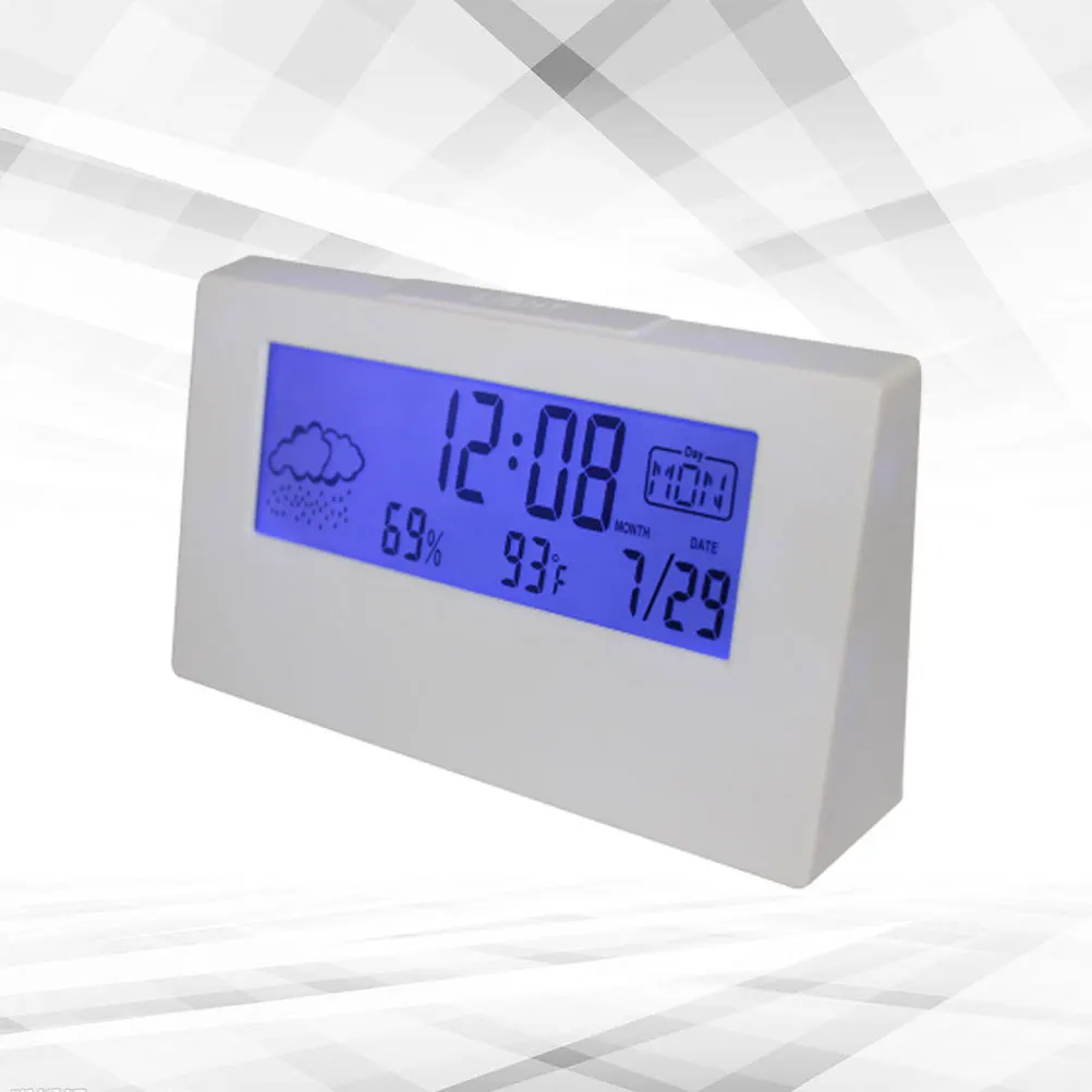 

Weather Display Alarm White Lcd Digital Table Clock Temperature Humidity Monitor For Kids Students Desktop Bedside Use