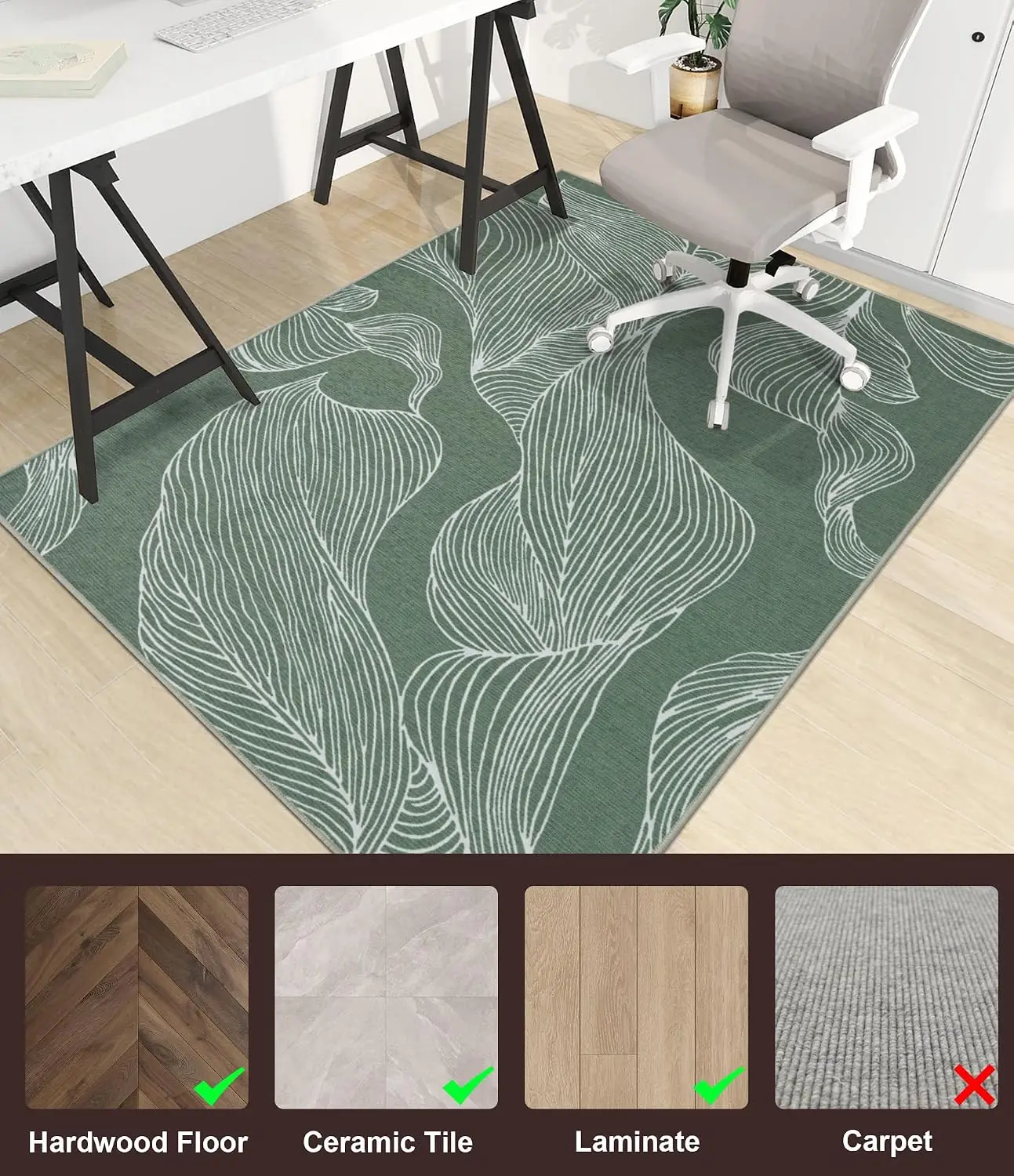 Office Chair Mat Blue Flowers Botanical Pattern Desk Floor Protector for Hardwood Floors Non-Slip Backing Living Room