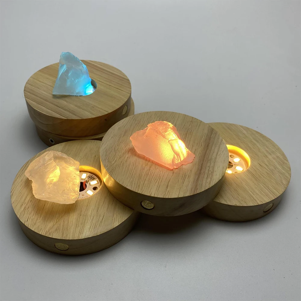 Round Luminous Light Base USB Power Remote Control Wooden LED Light Rotating Display Stand Lamp Holder Art Ornament Base