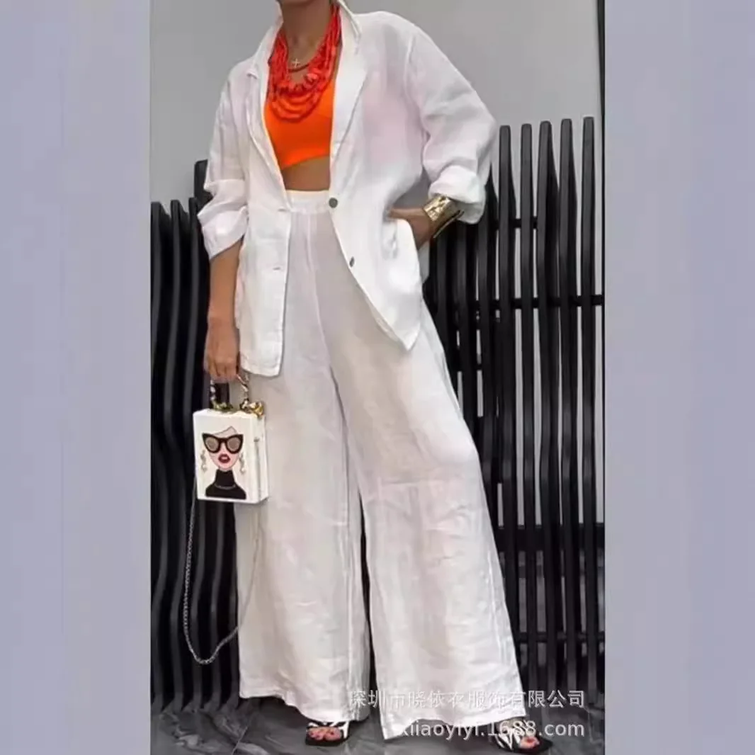 

Temperament office lady New Sunscreen Loose Sunscreen Coat Wide Leg Pants Women's Set