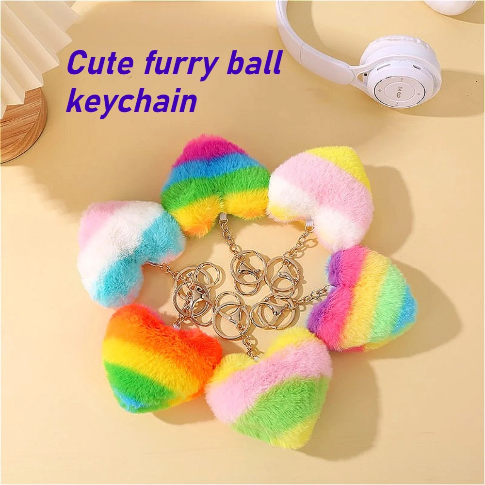 

Creative Rainbow Gradient Love Ball Keychain Pendant Internet Celebrity Cute Backpack Hanger Car Key Women's Accessories Gift
