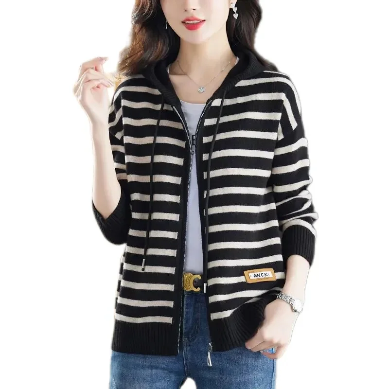 Hooded Striped Sweater Women\'s Fashion Temperament Cardigan 2024 Spring Autumn New Coat Ladies Wild Foreign Knitwear Jacket Tops