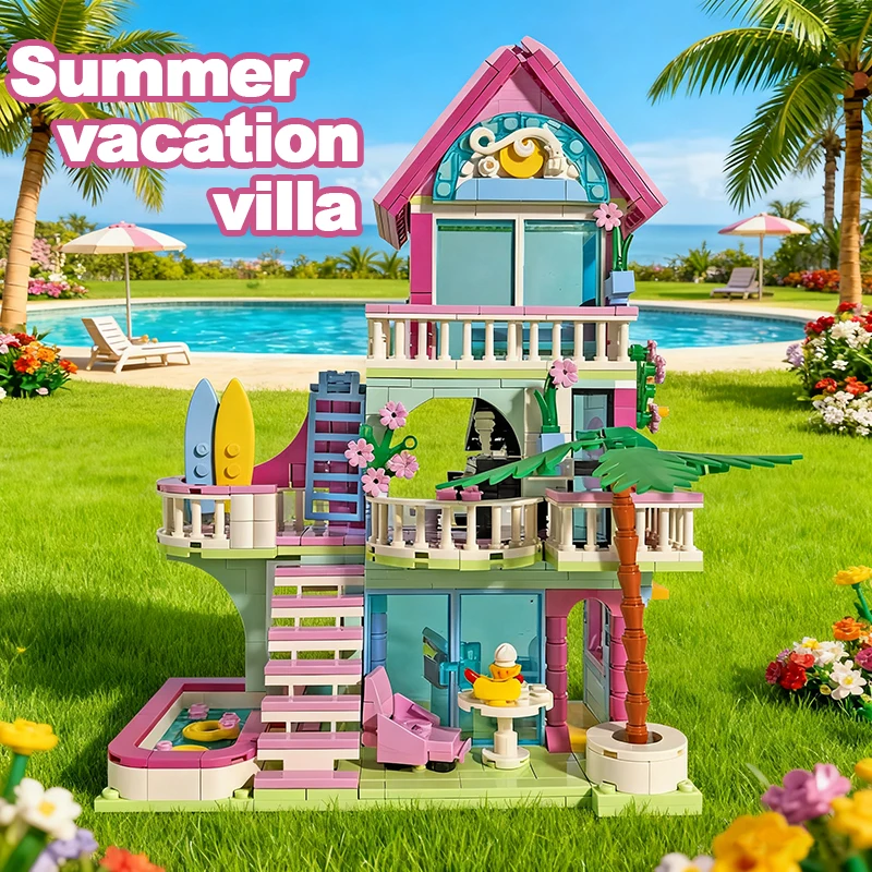 Friends City House Summer Holiday Villa Castle Building Blocks Pink Apartment Swimming Pool DIY Toys Christmas Gift for Kid Girl