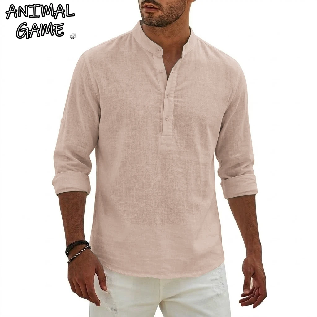 

New Cotton Linen Shirts for Men Luxury Henley Casual T-Shirts Beach Long Sleeve Shirts Hawaiian Summer Shirt Gym Man for Work
