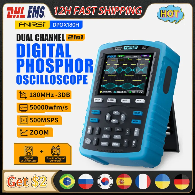 FNIRSI DPOX180H Ручной цифровой осциллограф 180 МГц-3 дБ 50000wfms/s двухканальный генератор сигналов 20 МГц зум FFT осциллограф