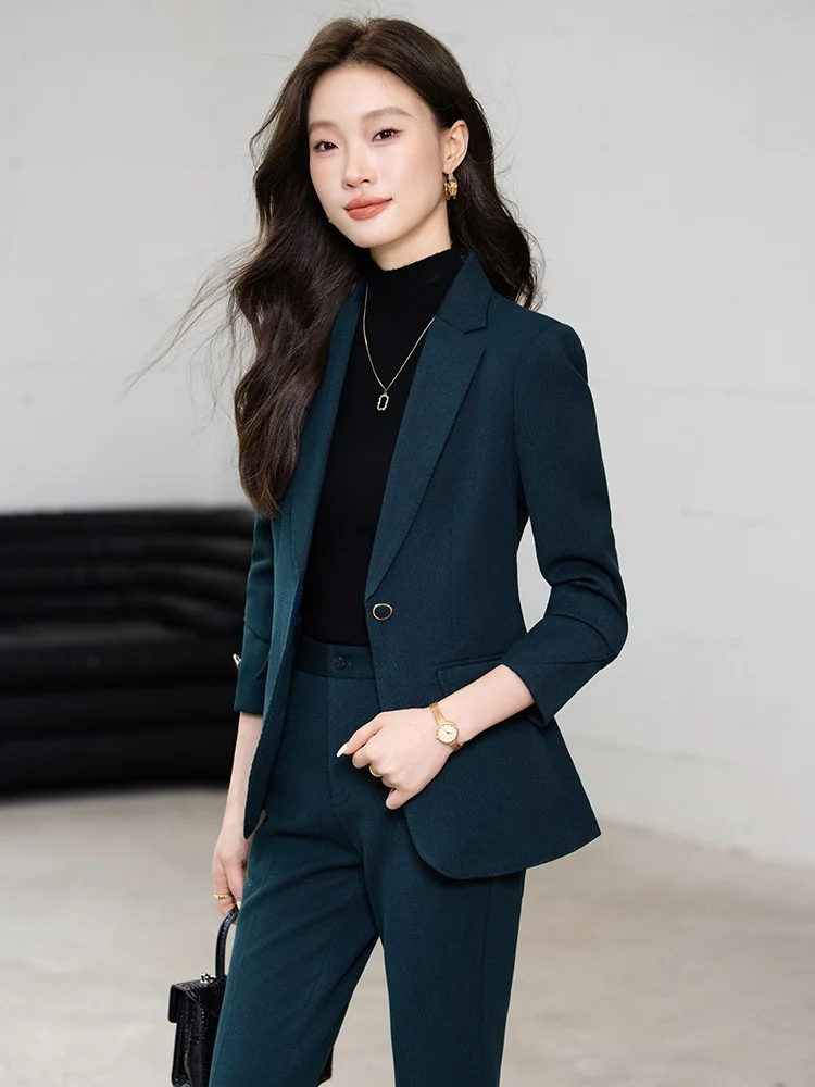

Blue Suit Set Women's Professional Work Uniform Commute Slim Fit Career Women's Pant Suit Long Sleeve Polyester Blend