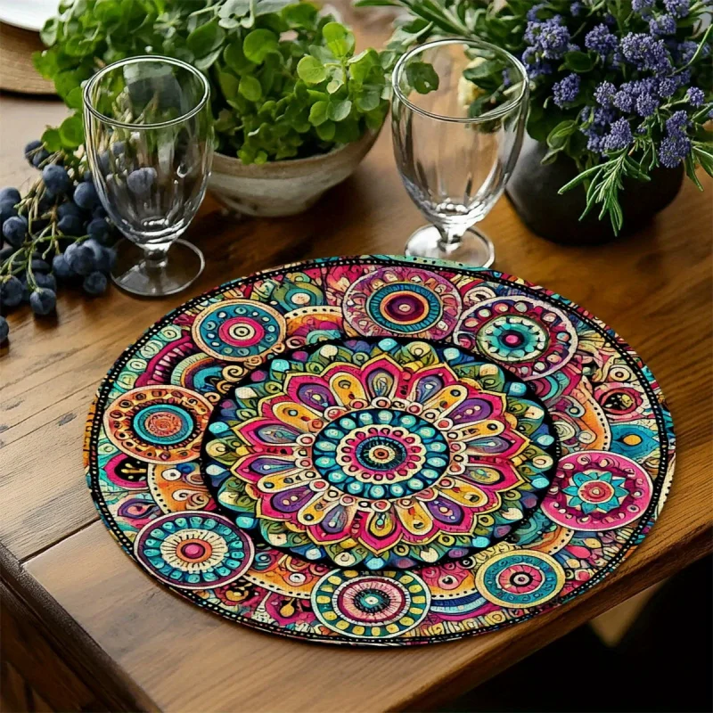 VIKAMA Bohemian Mandala Round Table Mat Waterproof, Oil proof, Thermal Insulation Table Mat Ethnic Style Desktop Decoration