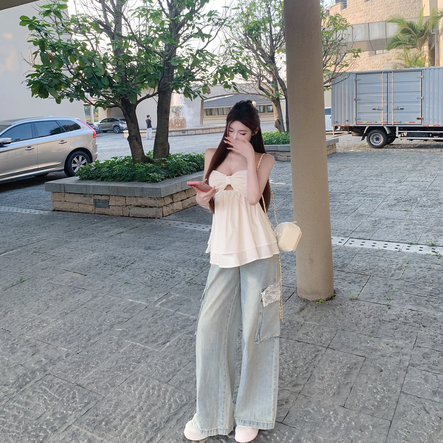 

Женские джинсы Luna New Lace Denim с широкими штанинами, в стиле рабочей одежды, весенние, модные, с застежкой-молнией на талии, без стрейча, комфортные