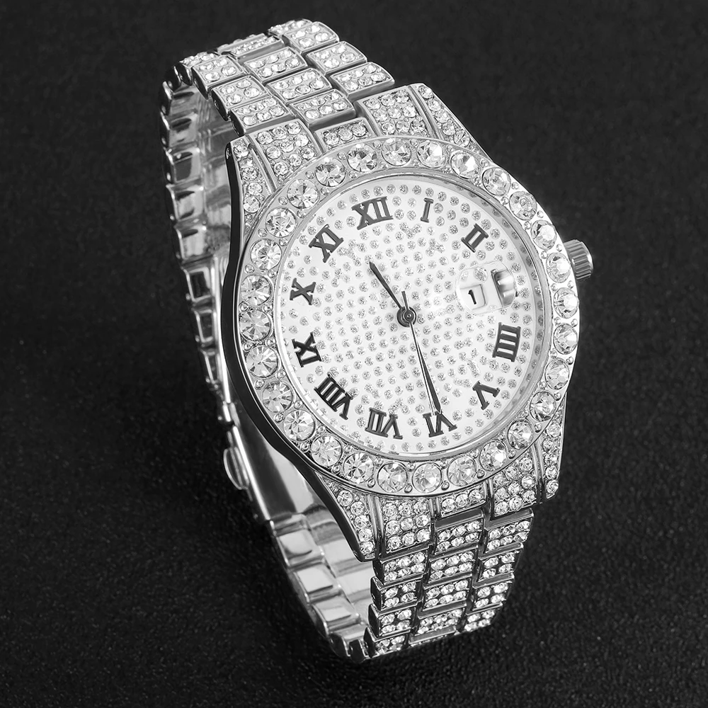 ساعة كوارتز فضية مرصعة بالألما - مراجعة Jewelry Watches Men وسعره