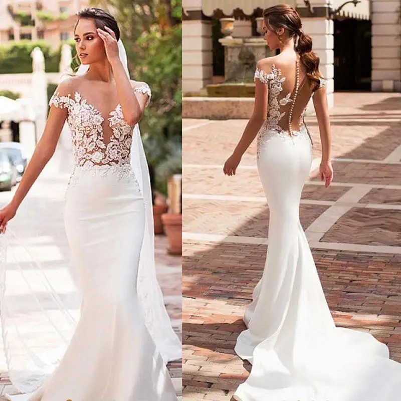 Custom Made Mermaid düğün elbisesi 2024 saten Cap Sleeve Vestido De novia dantel Bohemian gelin elbiseler ile romantik düğmeler