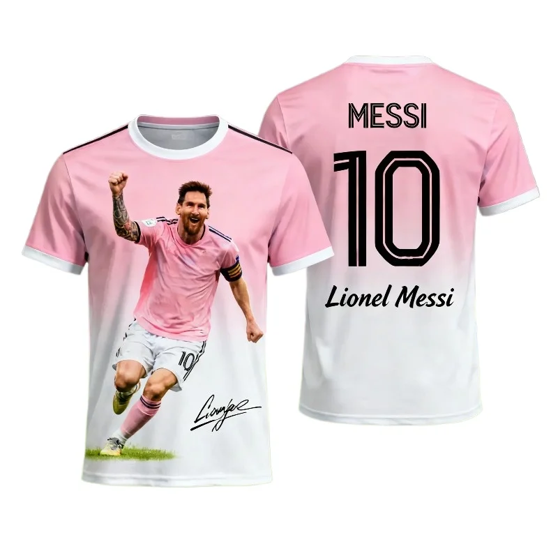 Summer New Messi 10 Pink Gradient 3D All Over Print Jersey T-Shirt Breathable Casual Sports Streetwear